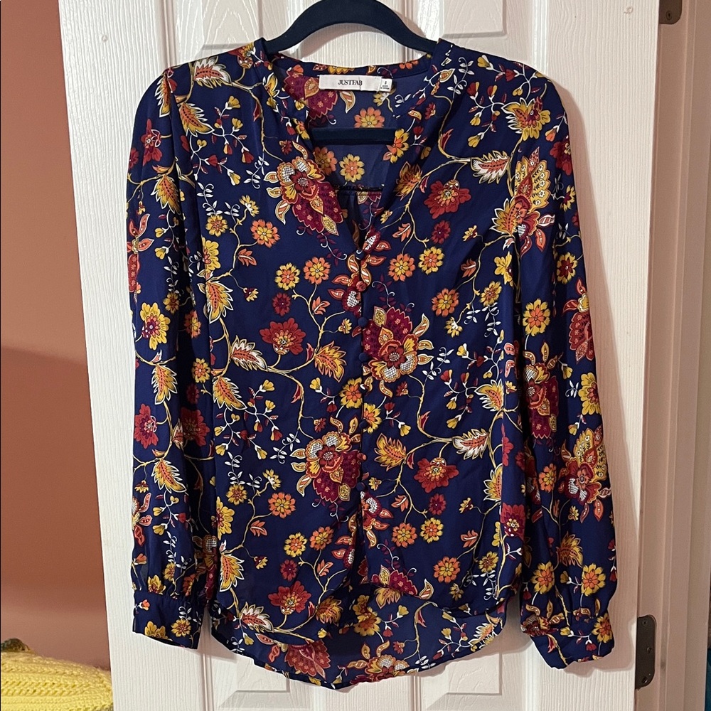 JustFab Navy Floral Blouse with Red and Yellow Accents